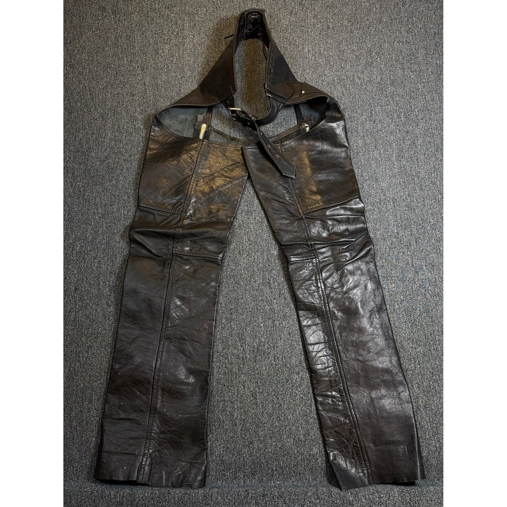 Genuine Leather Motorcycle Chaps Black XS Biker Western Buckle Snap Zipper Pants